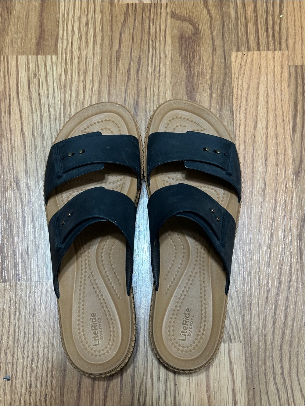 Croc LiteRide Sandals Black Dual-Strap Slide with Tan Footbed
